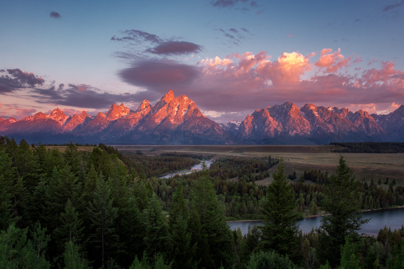 View of Tetons at dawn from Snake River Overlook